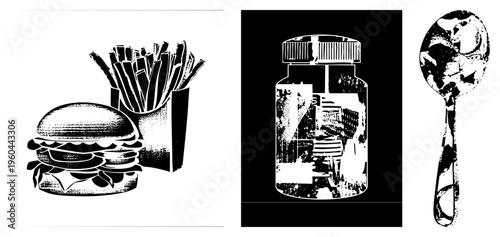 Stylish halftone burger and fries set, fast food meal, diner snack, lunchtime classic, black and white graphic.