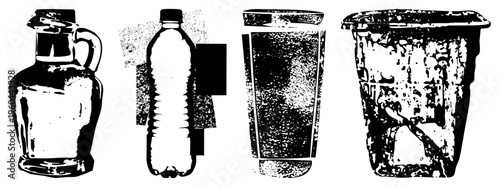 Glass jug, plastic bottle, tall cup, and messy disposable cup rendered in black and white halftone, vector illustration, isolated foreground elements.