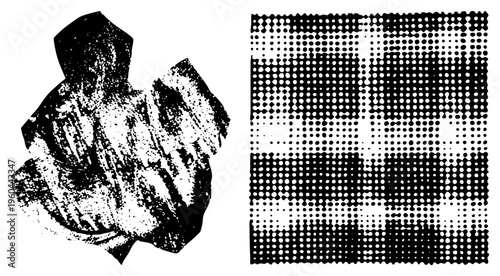 Black and white halftone dot with grainy texture, graphic design element, screen print effect, vector art, digital illustration.