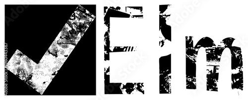 Distressed typographic elements with halftone grit, bold checkmark and letters, graphic design assets, distressed font, stencil effect, vector typography.