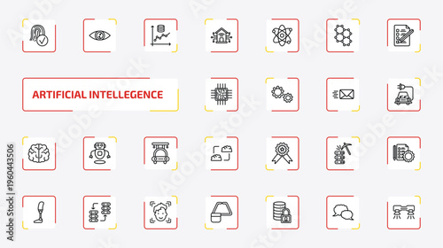 artificial intellegence outline icon set. 25 linear vector for ui, web and mobile. thin line biometrics, smart lens, prediction and more icons.