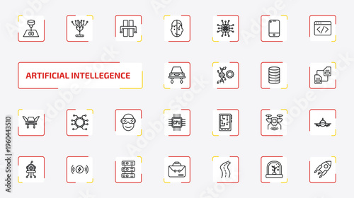 artificial intellegence outline icon set. 25 linear vector for ui, web and mobile. thin line organ printing, technology tree, motorway and more icons.