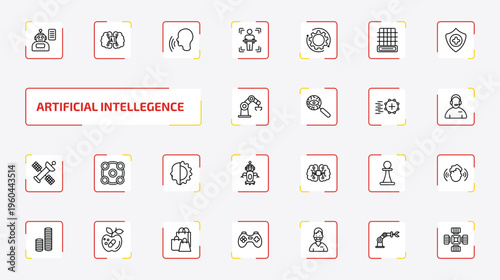 artificial intellegence outline icon set. 25 linear vector for ui, web and mobile. thin line laws of robotics, artificial intelligence, voice recognition and more icons.