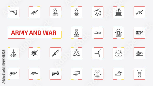 army and war outline icon set. 25 linear vector for ui, web and mobile. thin line pistol, , conscription and more icons.