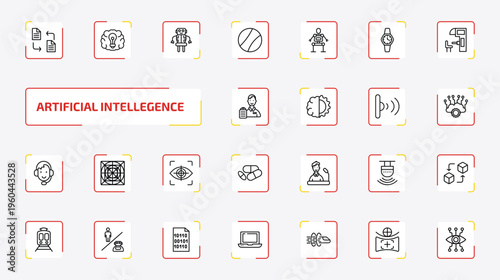 artificial intellegence outline icon set. 25 linear vector for ui, web and mobile. thin line file transfer, future brain, robot and more icons.