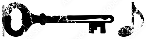 Antique key and treble clef note, stylized graphic, distressed black silhouette, music and access symbolism, vector art design.