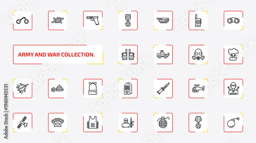 army and war collection. outline icon set. 25 linear vector for ui, web and mobile. thin line pair of handcuffs, barbed, gun and more icons.