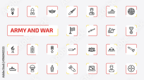 army and war outline icon set. 25 linear vector for ui, web and mobile. thin line skull army, depth charge, air force and more icons.