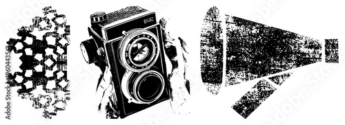 Classic B.F.L.C. lens camera, analog gear, handheld film camera, retro lens equipment, vector illustration.