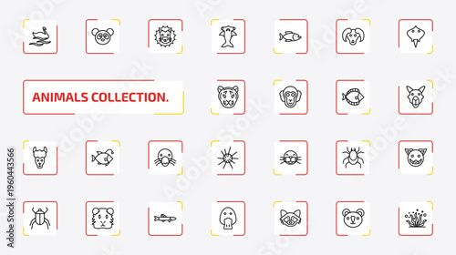 animals collection. outline icon set. 25 linear vector for ui, web and mobile. thin line swan, panda, lion head and more icons.