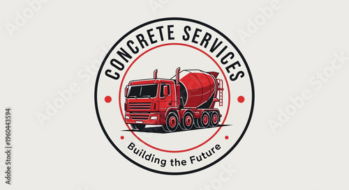 Concrete Services Logo with Red Cement Mixer Truck.