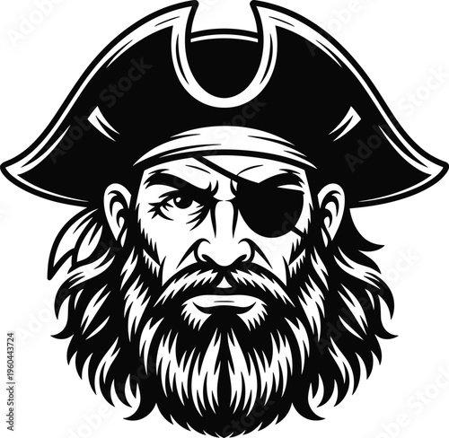 pirate, captain, eyepatch, beard, buccaneer, sailor, mascot, corsair, vintage, nautical, vector, illustration, marine, hat, warrior