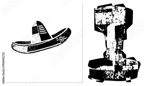 Stylized sombrero with wave and distressed film projector, both in bold black and white, graphic design elements, cultural symbols, retro tech motif.