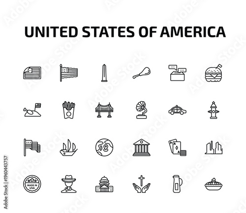 united states of america outline icon set. 24 linear vector for ui, web and mobile. thin line sticker, flag day, obelisk and more icons.