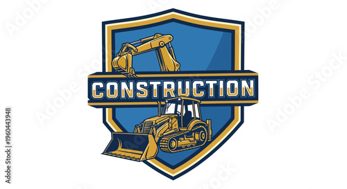 Construction company emblem with heavy machinery and bold text.