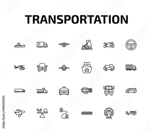 transportation outline icon set. 24 linear vector for ui, web and mobile. thin line pt boat, free transport, hang glider and more icons.