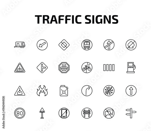 traffic signs outline icon set. 24 linear vector for ui, web and mobile. thin line caravan, keep left, end of way and more icons.