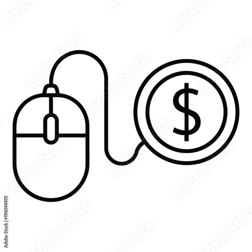 Black line art computer mouse with dollar coin.