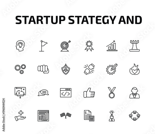 startup stategy and outline icon set. 24 linear vector for ui, web and mobile. thin line startup head, success flag, purpose and more icons.
