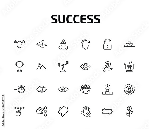 success outline icon set. 24 linear vector for ui, web and mobile. thin line attitude, paper plane, startup and more icons.