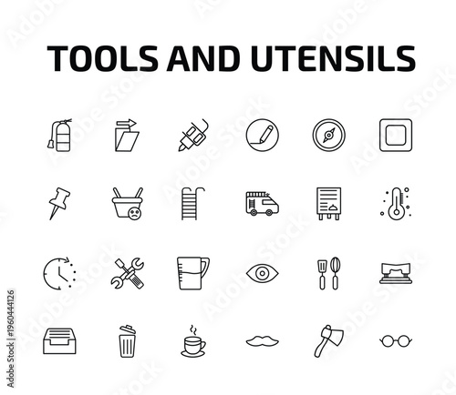 tools and utensils outline icon set. 24 linear vector for ui, web and mobile. thin line flame extinguisher, shear, tattoo and more icons.