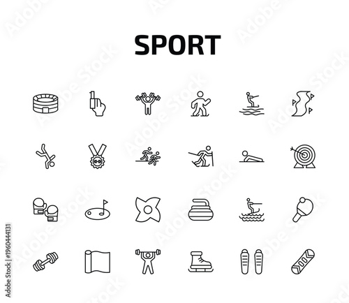 sport outline icon set. 24 linear vector for ui, web and mobile. thin line estadio, starting gun, man lifting weight and more icons.