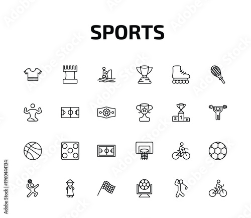 sports outline icon set. 24 linear vector for ui, web and mobile. thin line football jersey, tower from a chess, fisher fishing and more icons.