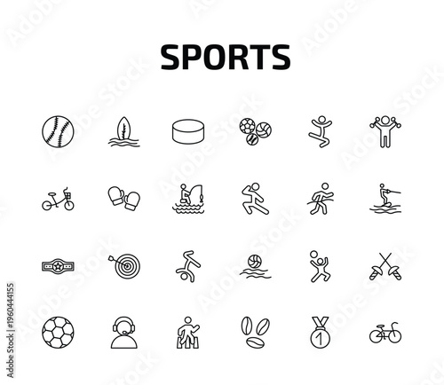 sports outline icon set. 24 linear vector for ui, web and mobile. thin line baseball, surf, hockey puck and more icons.