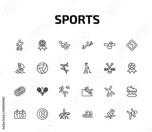 sports outline icon set. 24 linear vector for ui, web and mobile. thin line skating, second prize, karate fighter and more icons.