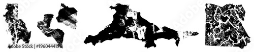 Fragmented geographic shapes rendered in halftone texture, vector map cutouts, stylized terrain, graphic design elements, isolated map fragments.