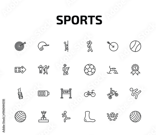 sports outline icon set. 24 linear vector for ui, web and mobile. thin line bullseye, baseball helmet, climber and more icons.