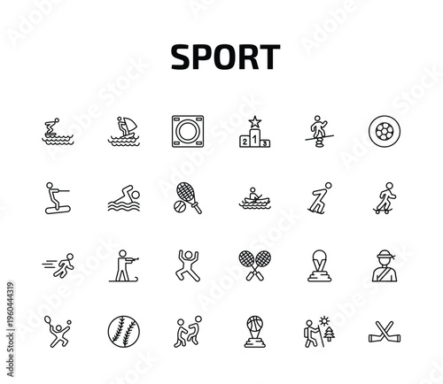 sport outline icon set. 24 linear vector for ui, web and mobile. thin line swimming jump, windsurf sea, dohyo and more icons.