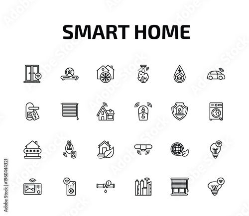 smart home outline icon set. 24 linear vector for ui, web and mobile. thin line windows, cd player, freeze and more icons.