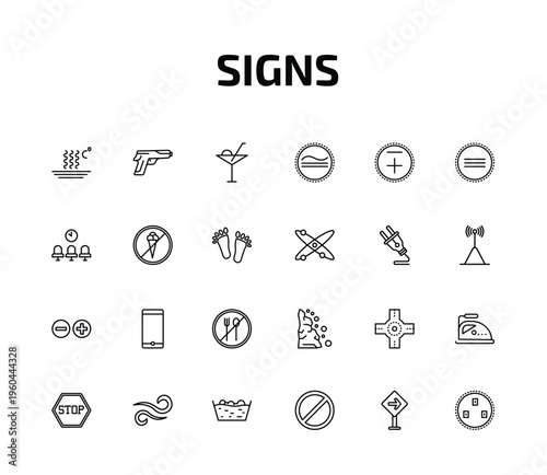 signs outline icon set. 24 linear vector for ui, web and mobile. thin line heat, guns, drinks and more icons.