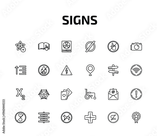 signs outline icon set. 24 linear vector for ui, web and mobile. thin line favourite star, instruction, radioactive warning and more icons.