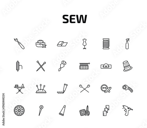 sew outline icon set. 24 linear vector for ui, web and mobile. thin line seam ripper, sewing box, fabric and more icons.