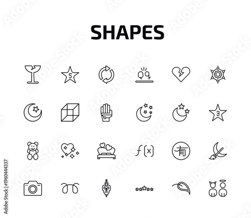 shapes outline icon set. 24 linear vector for ui, web and mobile. thin line breakeable, star with number five, rotate circle and more icons.