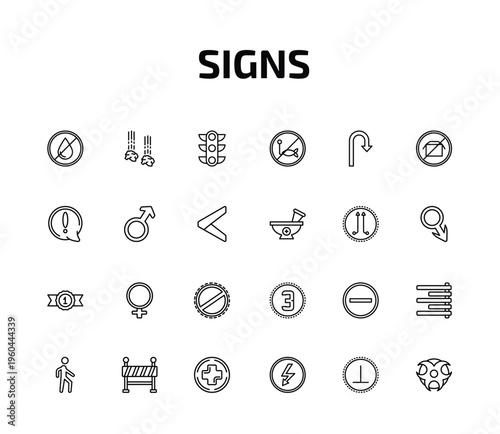 signs outline icon set. 24 linear vector for ui, web and mobile. thin line no water, falling rocks, traffic and more icons.