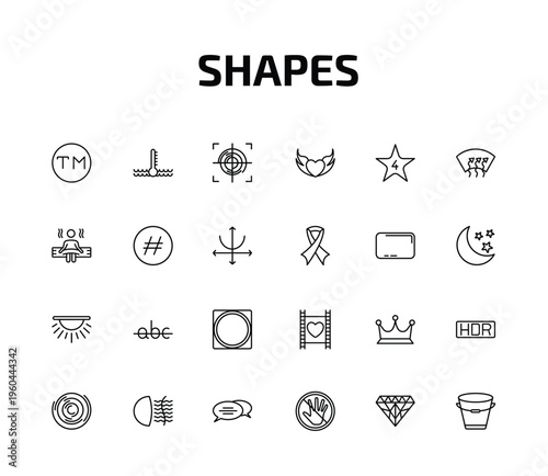shapes outline icon set. 24 linear vector for ui, web and mobile. thin line trademark, engine coolant, focus button and more icons.