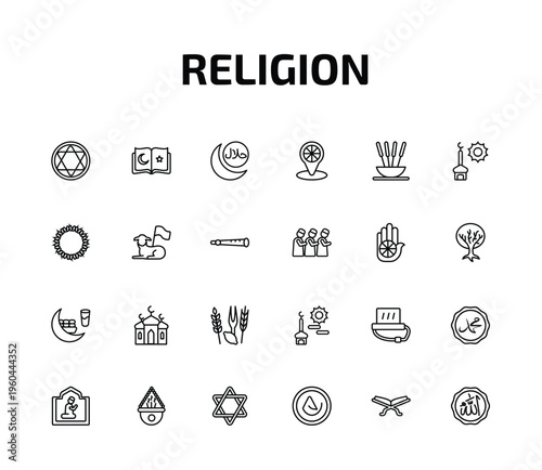 religion outline icon set. 24 linear vector for ui, web and mobile. thin line blasphemy, koran, islamic halal and more icons.