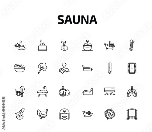 sauna outline icon set. 24 linear vector for ui, web and mobile. thin line well-being, earth sauna, aroma stimulation and more icons.