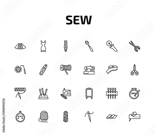 sew outline icon set. 24 linear vector for ui, web and mobile. thin line pleat, garment, slide fastener and more icons.