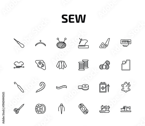 sew outline icon set. 24 linear vector for ui, web and mobile. thin line awl, clothes hanger, ball of wool and more icons.