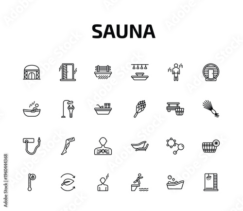 sauna outline icon set. 24 linear vector for ui, web and mobile. thin line yurt, irish steam bath, brine cabin and more icons.