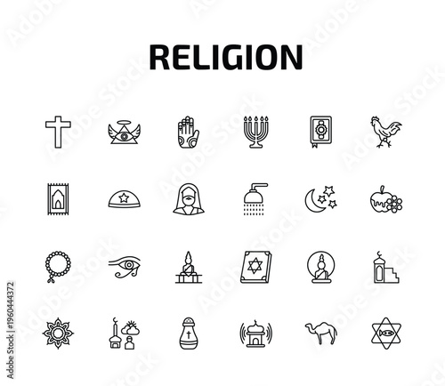 religion outline icon set. 24 linear vector for ui, web and mobile. thin line christian, god, henna painted hand and more icons.