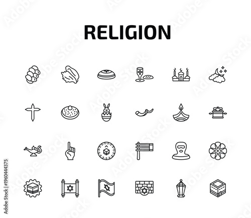 religion outline icon set. 24 linear vector for ui, web and mobile. thin line challah, conch shell, kippah and more icons.