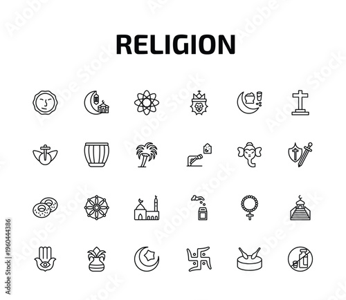 religion outline icon set. 24 linear vector for ui, web and mobile. thin line induence, islamic ramadan, agticism and more icons.