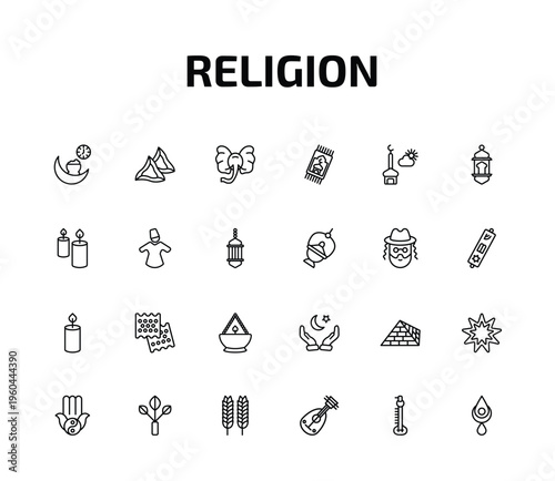 religion outline icon set. 24 linear vector for ui, web and mobile. thin line ramadan iftar, hamantaschen, elephant and more icons.