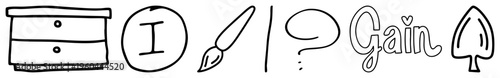 Sketch style including dresser, letter I, paintbrush, question mark, “Gain” text, and spade symbol minimalist art for design or gaming themes.