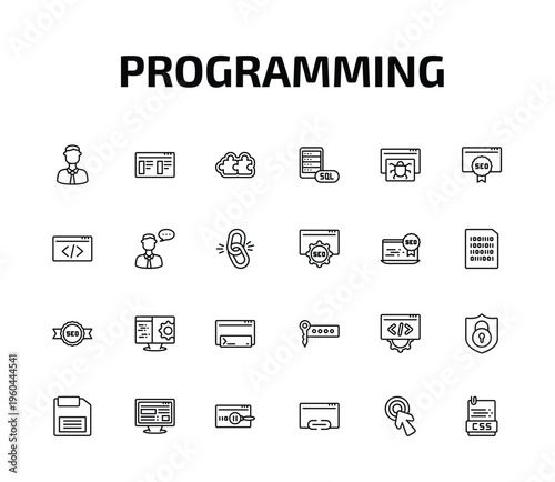 programming outline icon set. 24 linear vector for ui, web and mobile. thin line seo, theme, addon and more icons.